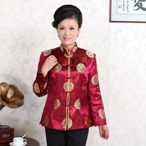 Chinese Tang Cheongsam Magenta Gold Jacket Frog Buttons Mandarin Collar Sz M - Picture 12 of 15
